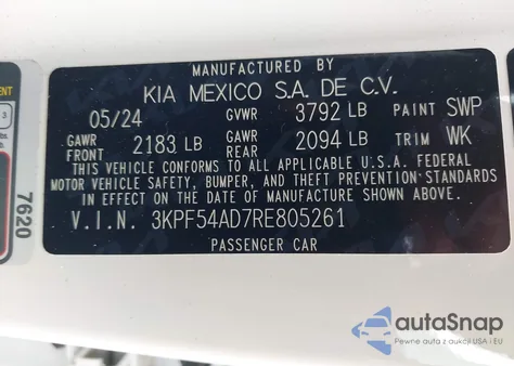 2024 Kia Forte Gt-Line z USA, uszkodzony, nr VIN 3KPF54AD7RE805261